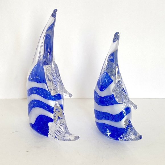 Glass Kissing Fish Sculpture Pair Blue White - Picture 4 of 9